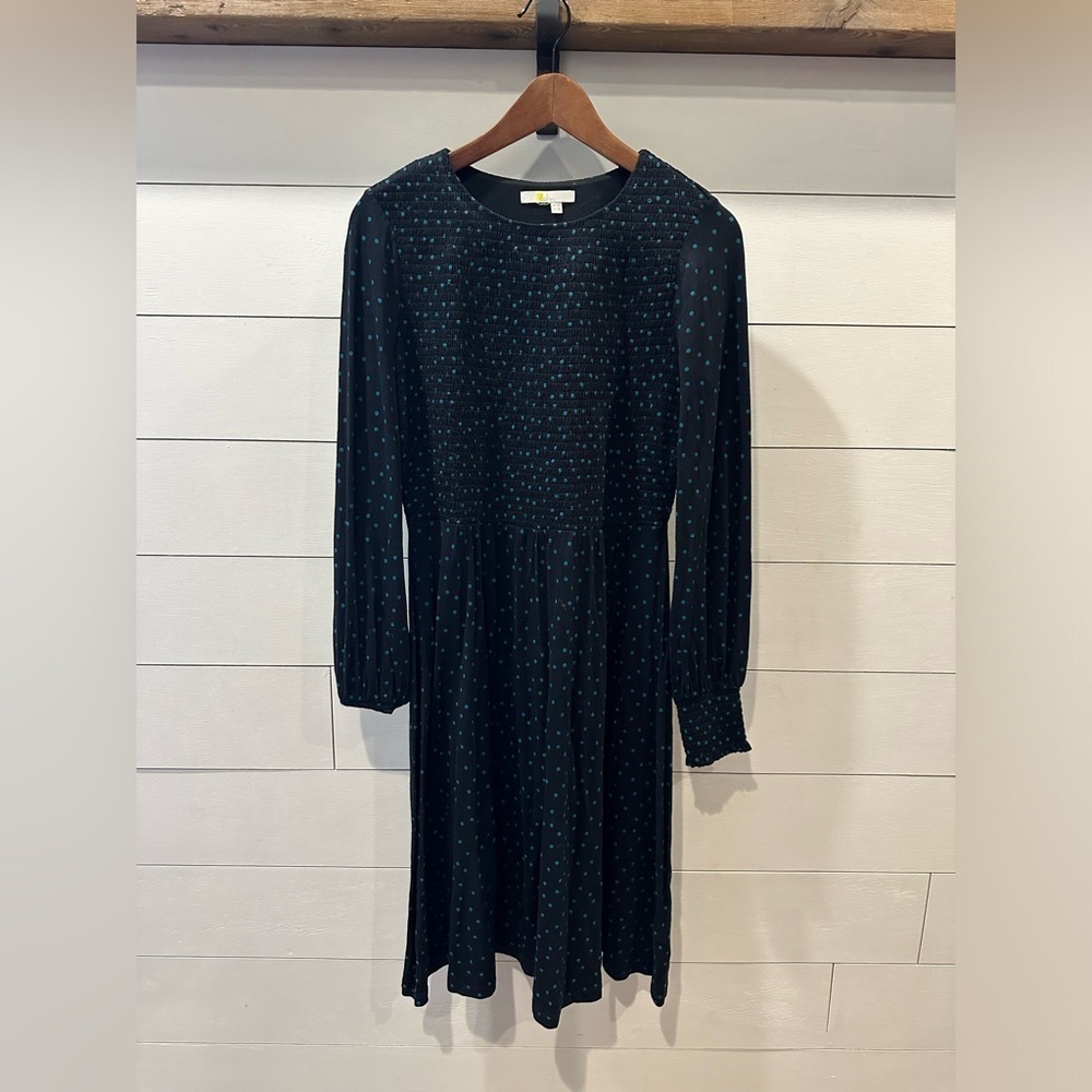 Boden Women’s Black and Teal Polka Dot Dress - size 14 Long